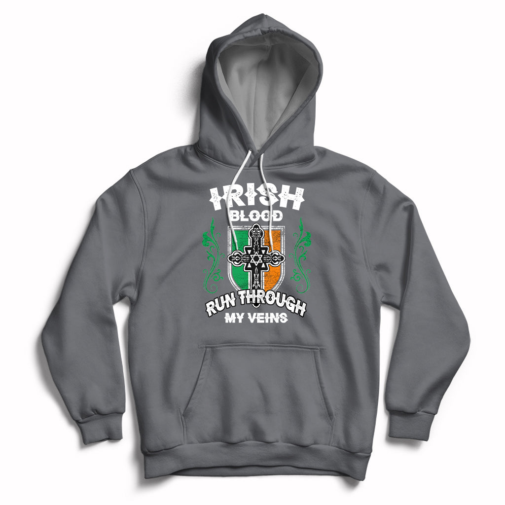 Charcoal pullover hoodie with front graphic and kangaroo pocket, drawstring hood