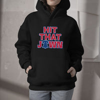 Black hooded sweatshirt with front pocket and 'HIT THAT JAWN' graphic text