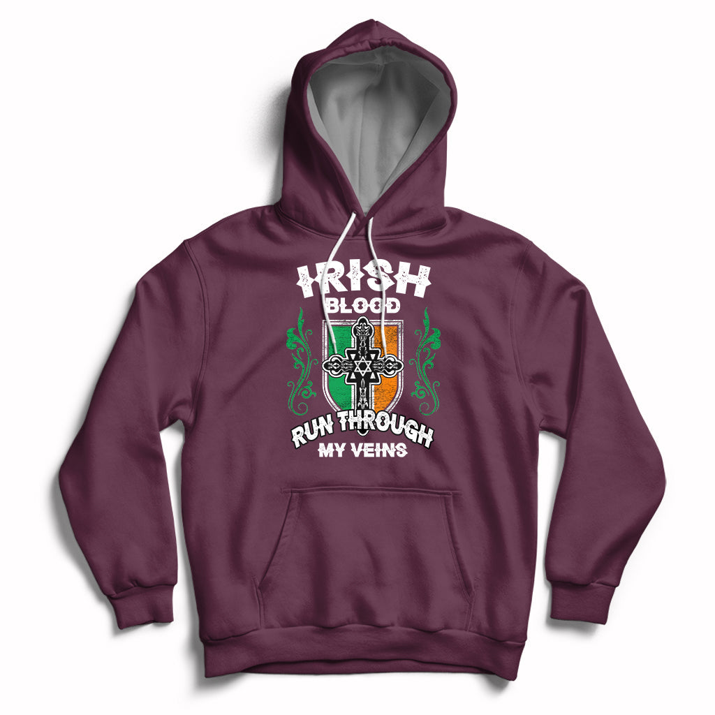 Maroon pullover hoodie with front graphic and kangaroo pocket, drawstring hood