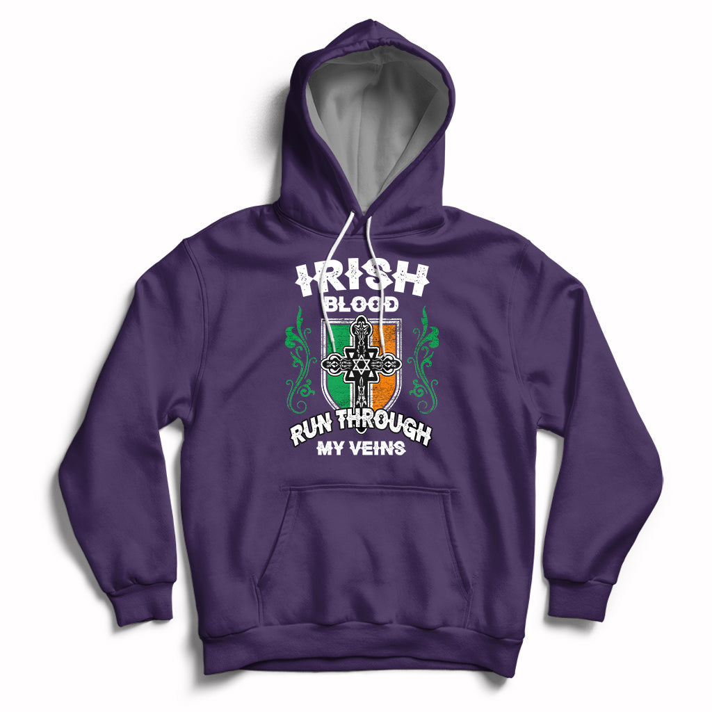 Purple pullover hoodie with front graphic and kangaroo pocket, drawstring hood