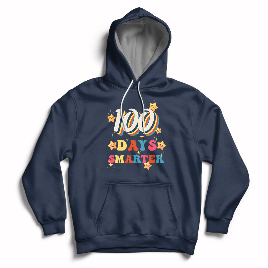 Navy pullover hoodie with front pocket and “100 Days Smarter” graphic on chest
