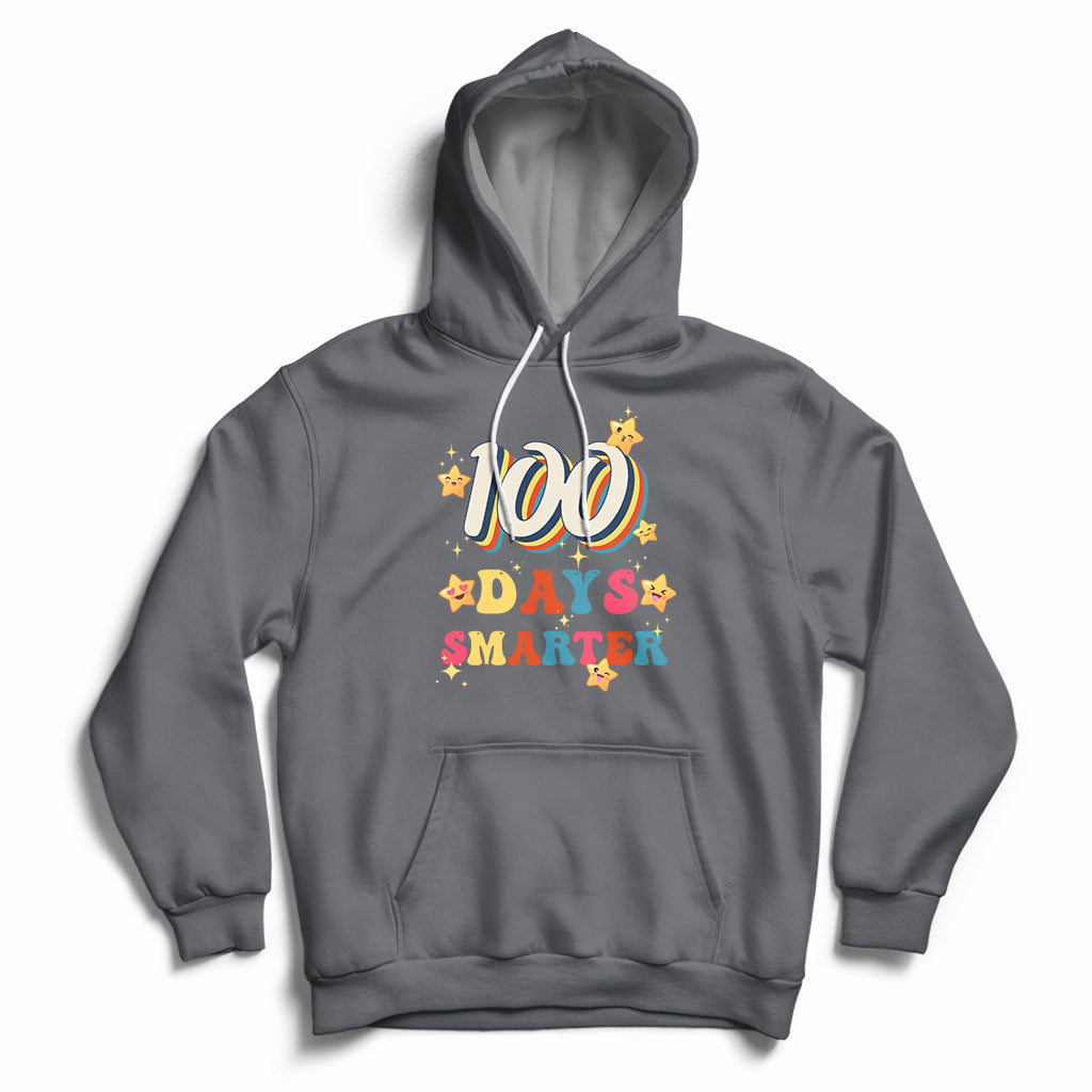 Dark gray pullover hoodie with front pocket and colorful “100 Days Smarter” print