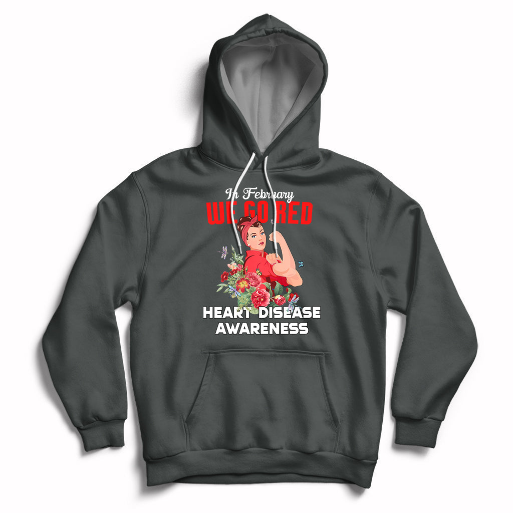 Charcoal pullover hoodie with red "Go Red" graphic and "Heart Disease Awareness" text