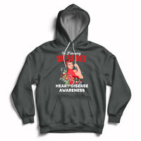 Charcoal pullover hoodie with red "Go Red" graphic and "Heart Disease Awareness" text