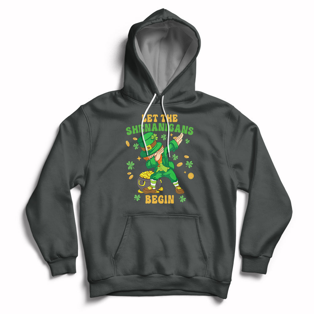 Dark charcoal St. Patrick's Day hoodie with hood, kangaroo pocket, dabbing leprechaun graphic