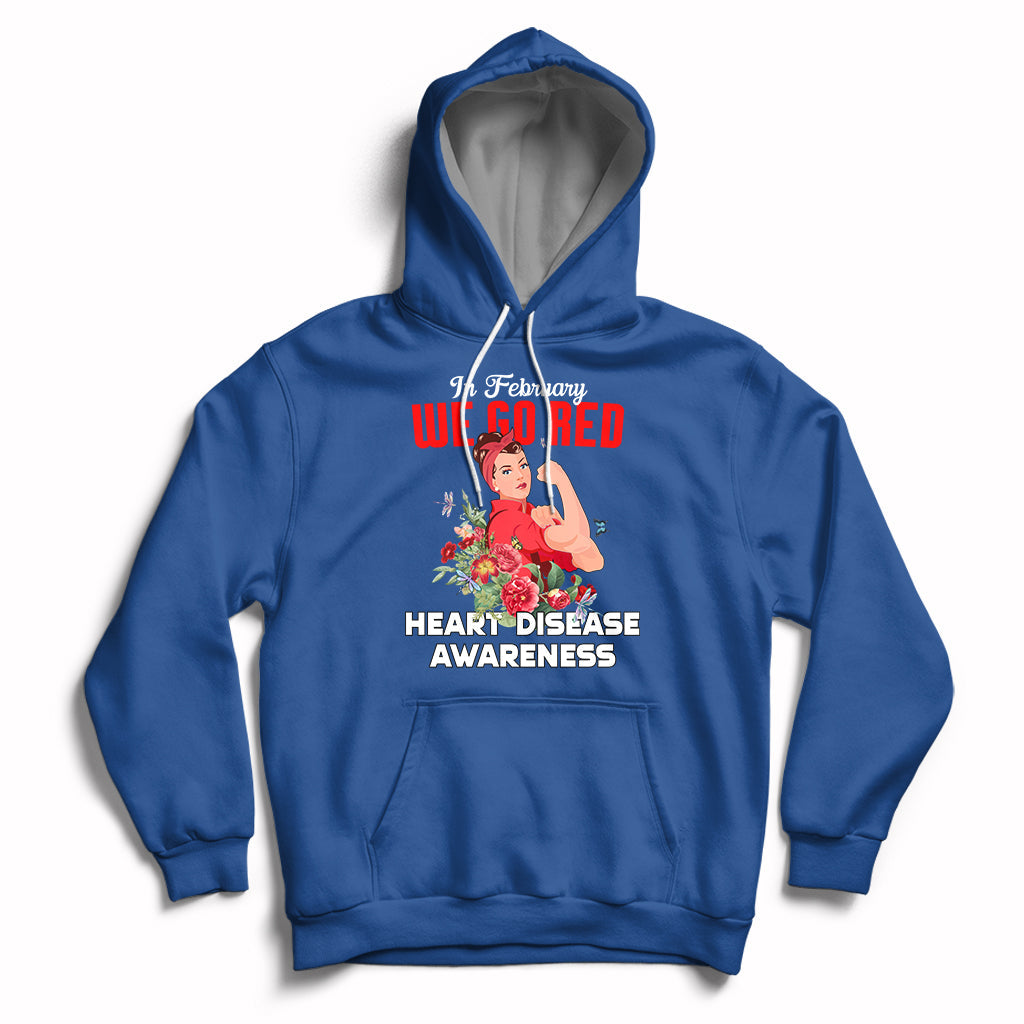 Royal blue pullover hoodie with red "Go Red" graphic and "Heart Disease Awareness" text