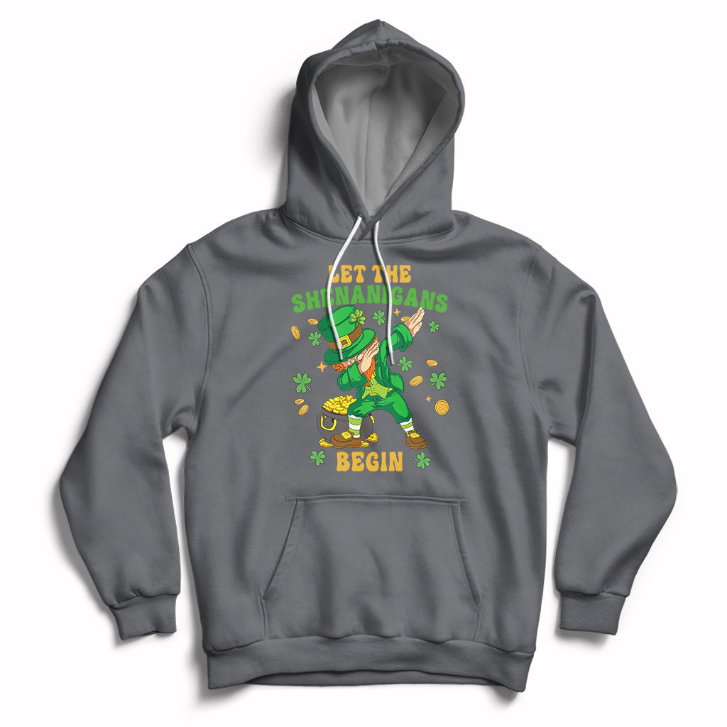 Charcoal heather St. Patrick's Day hoodie with hood, kangaroo pocket, dabbing leprechaun graphic