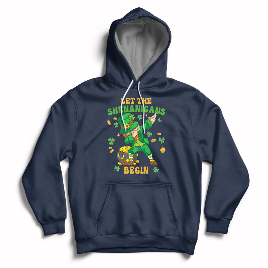 Navy St. Patrick's Day hoodie with hood, kangaroo pocket, dabbing leprechaun graphic