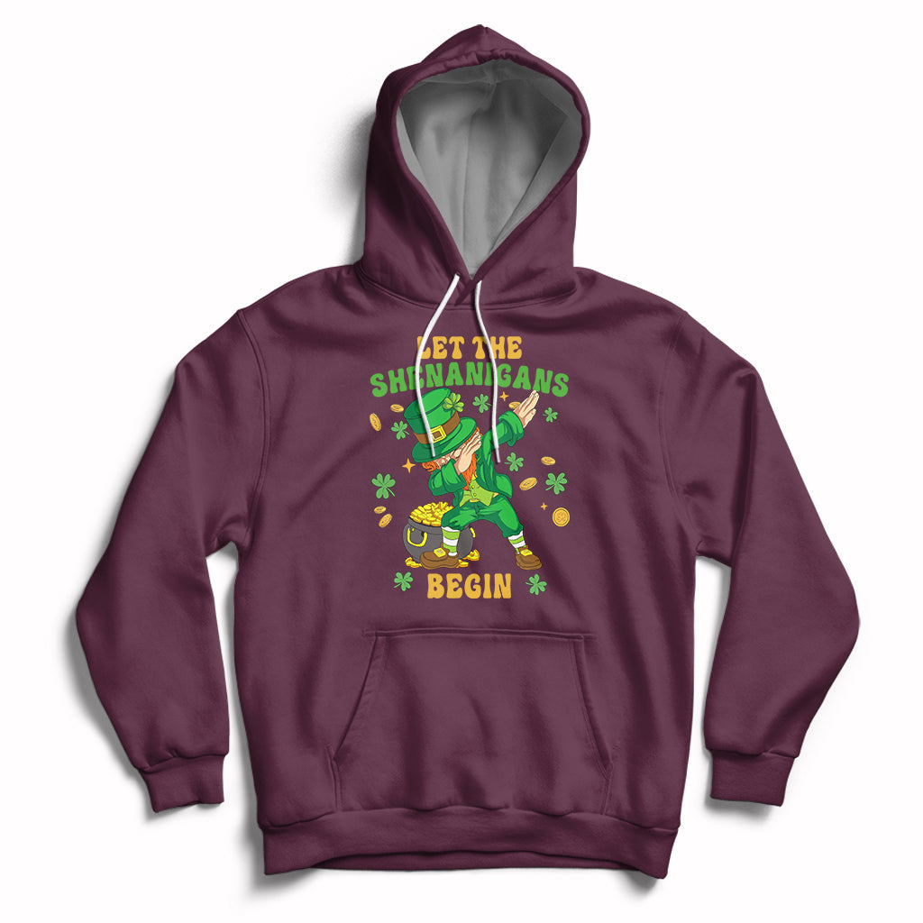 Maroon St. Patrick's Day hoodie with hood, kangaroo pocket, dabbing leprechaun graphic