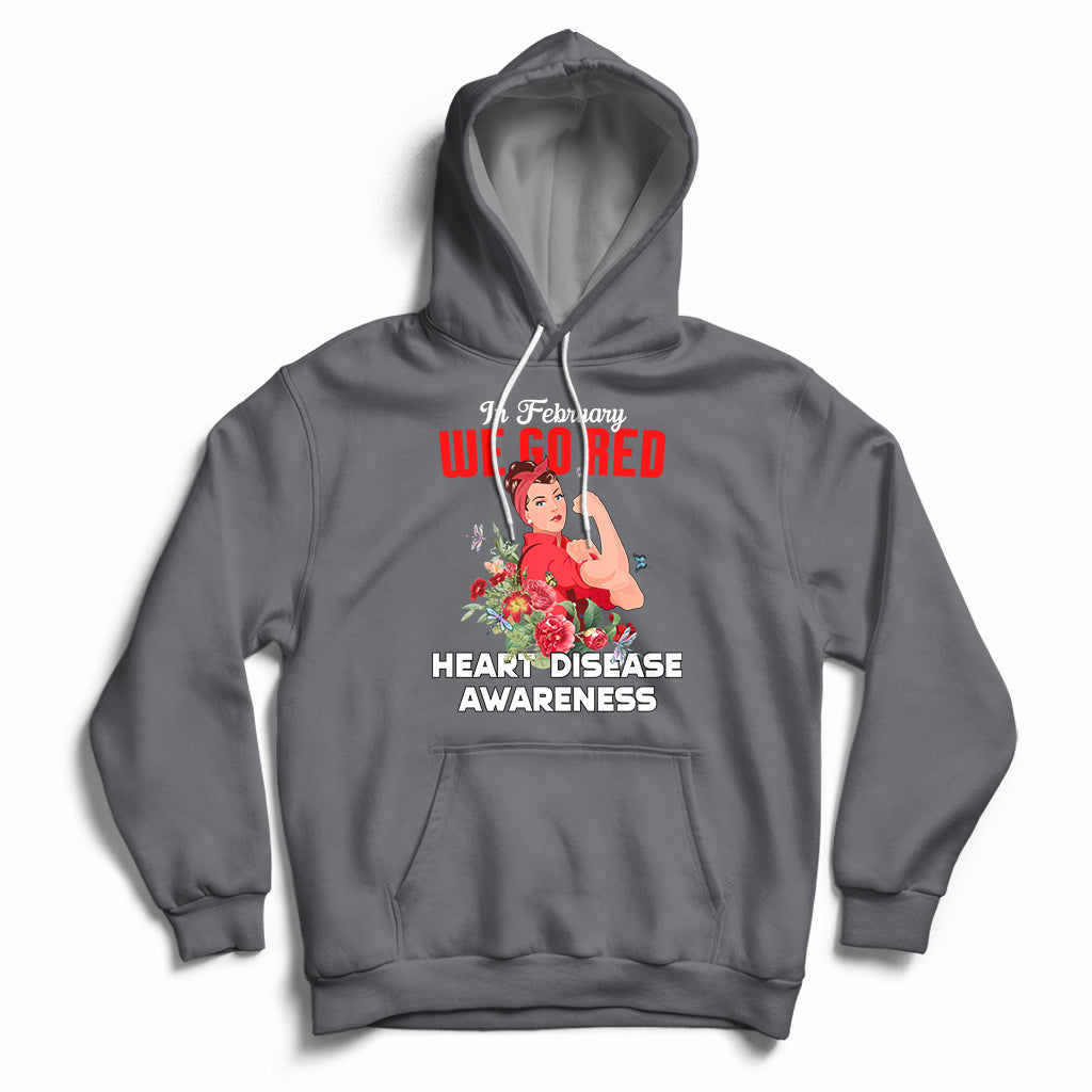 Dark heather pullover hoodie with red "Go Red" graphic and "Heart Disease Awareness" text