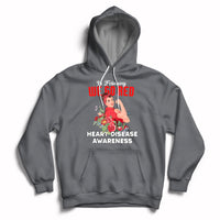 Dark heather pullover hoodie with red "Go Red" graphic and "Heart Disease Awareness" text
