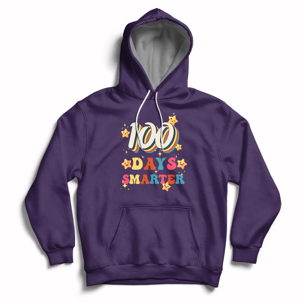 Dark purple pullover hoodie with front pocket and colorful “100 Days Smarter” print