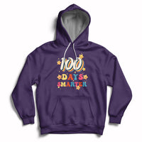 Dark purple pullover hoodie with front pocket and colorful “100 Days Smarter” print