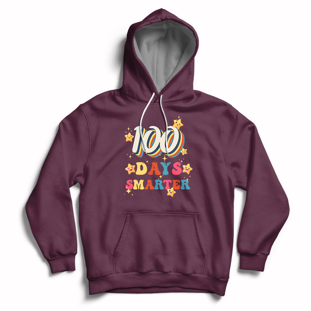 Purple pullover hoodie with front pocket and “100 Days Smarter” star graphic