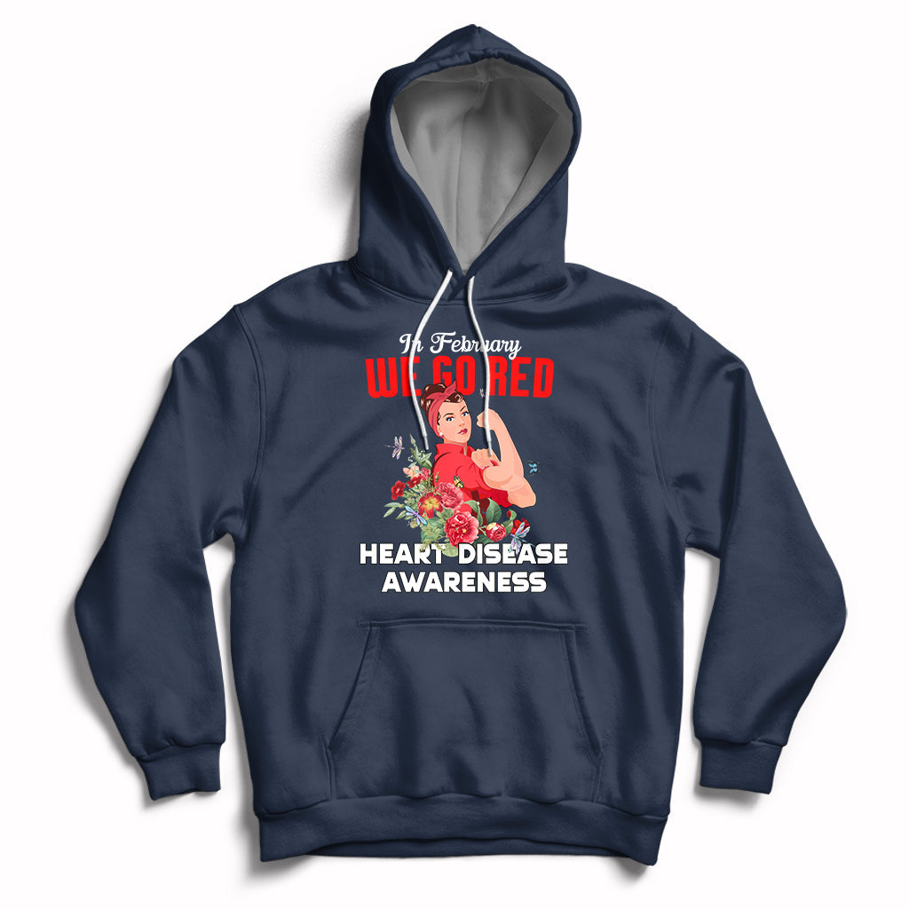 Navy pullover hoodie with red "Go Red" graphic and "Heart Disease Awareness" text