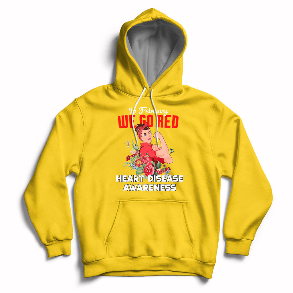 Daisy yellow pullover hoodie with red "Go Red" graphic and "Heart Disease Awareness" text