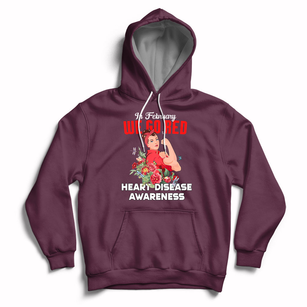 Maroon pullover hoodie with red "Go Red" graphic and "Heart Disease Awareness" text