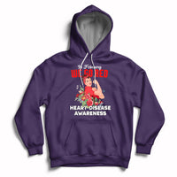 Purple pullover hoodie with red "Go Red" graphic and "Heart Disease Awareness" text