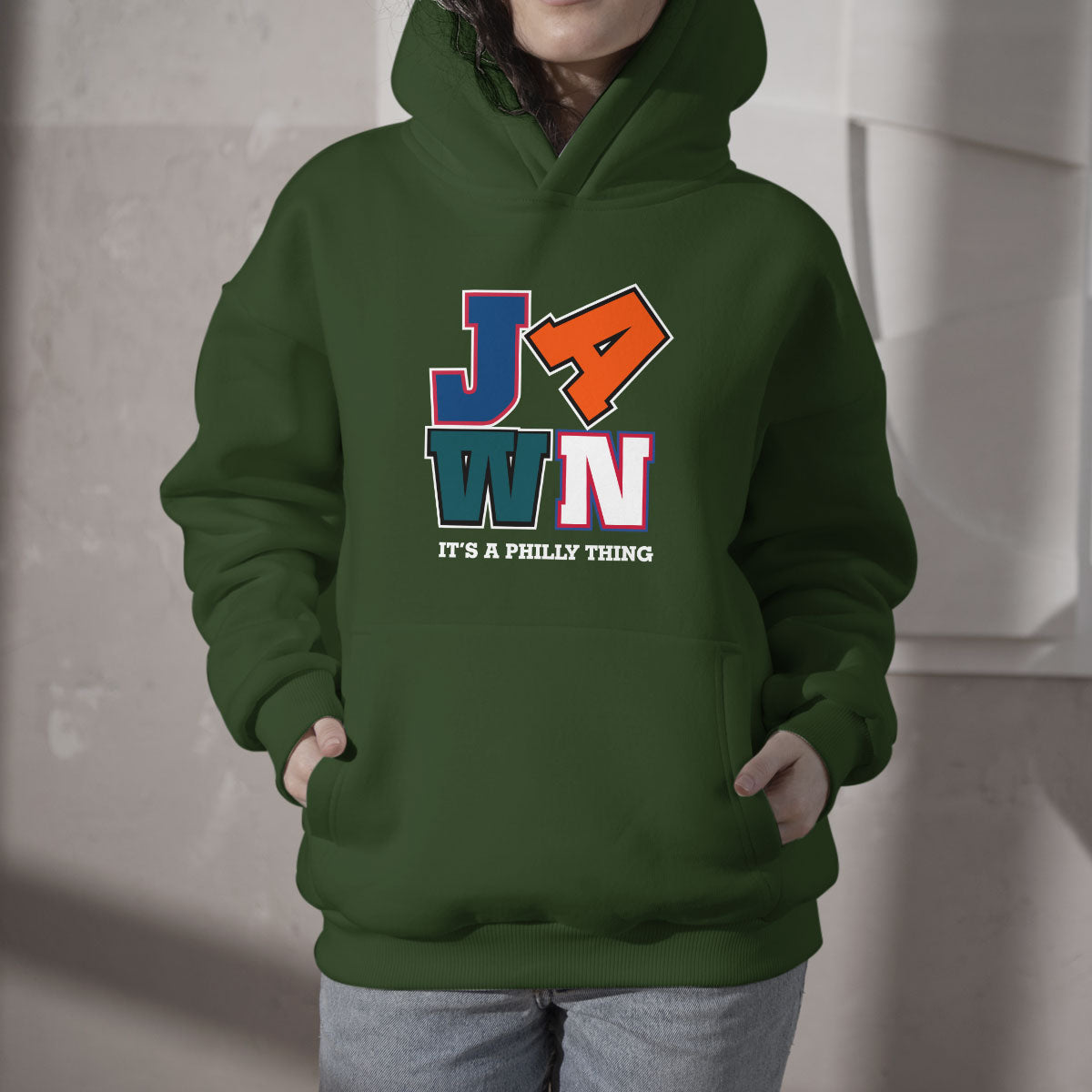 Green Philadelphia fan hoodie with front JA WN graphic and “IT’S A PHILLY THING” text