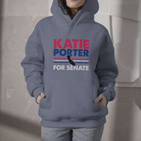 Slate blue hoodie with hood, front pouch, and "KATIE PORTER FOR SENATE" graphic
