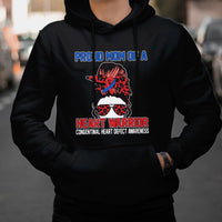 Black hoodie with “Heart Warrior” heart-defect awareness graphic on the chest