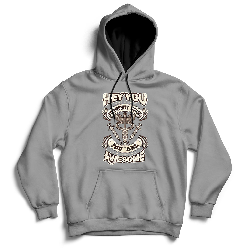 Gray nurse-themed hoodie with front graphic, pullover hood and drawstrings