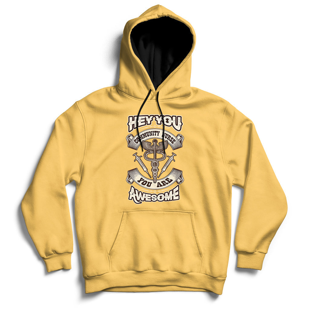 Yellow nurse-themed hoodie with front graphic, pullover hood and drawstrings