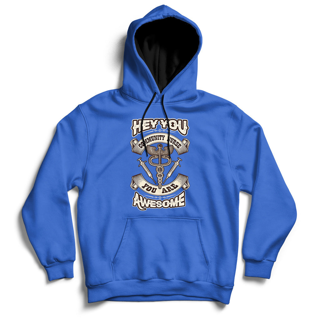 Royal blue nurse-themed hoodie with front graphic, pullover hood and drawstrings