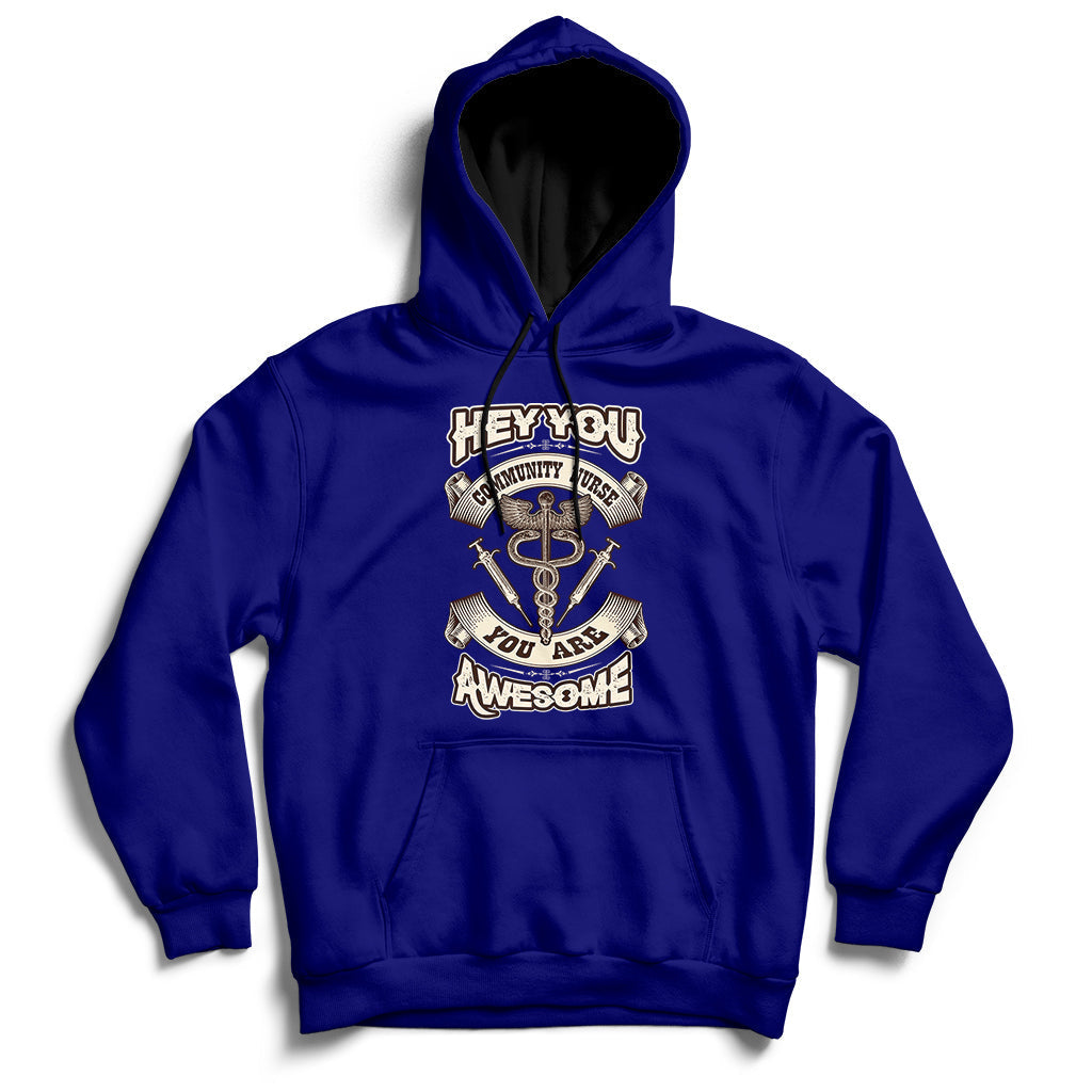 Navy nurse-themed hoodie with front graphic, pullover hood and drawstrings