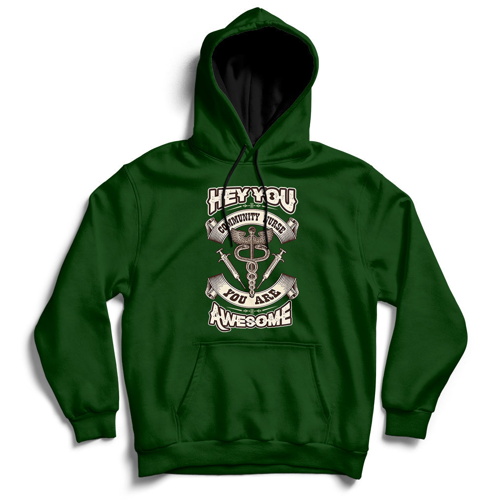 Forest green nurse-themed hoodie with front graphic, pullover hood and drawstrings