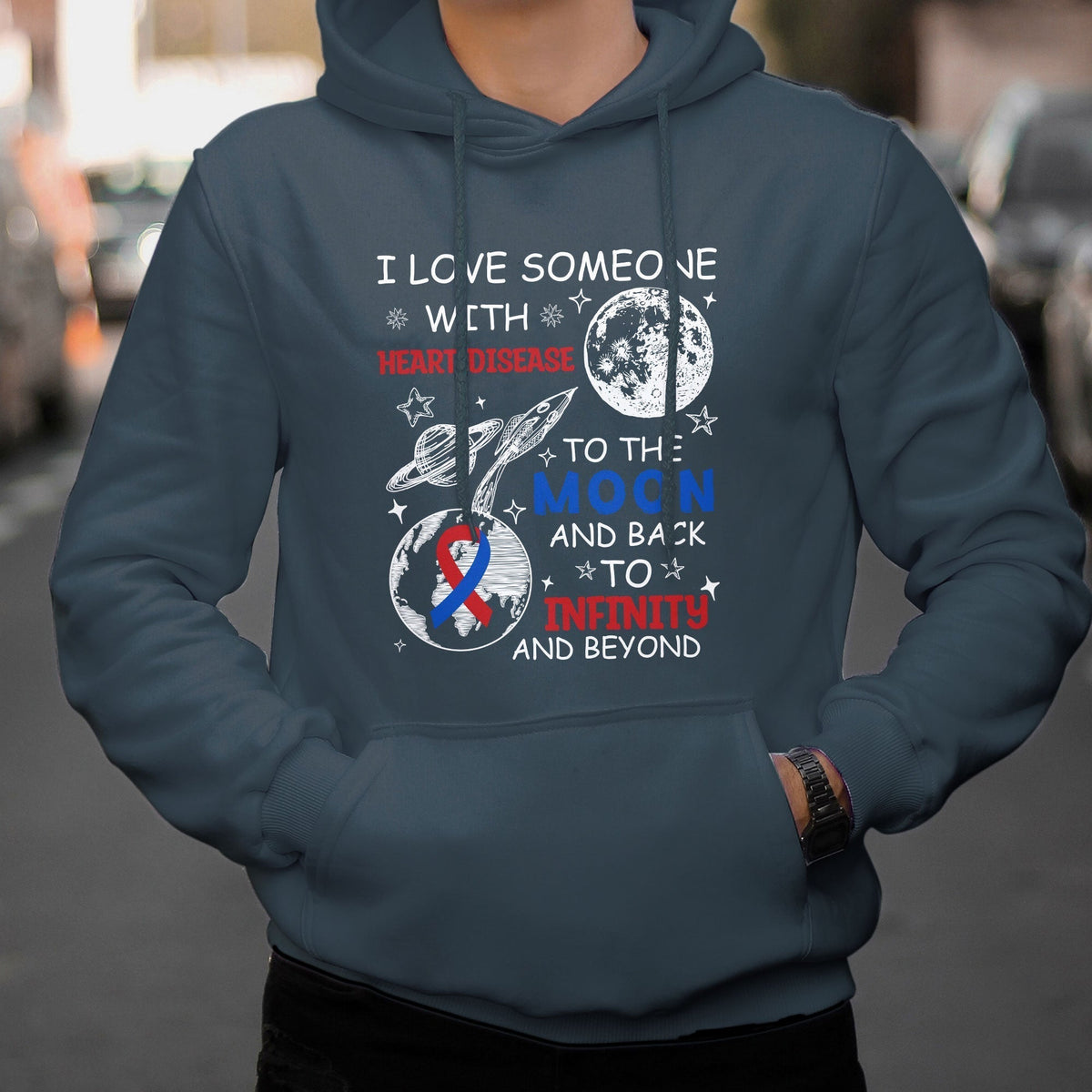 Blue pullover hoodie with heart disease moon and infinity graphic