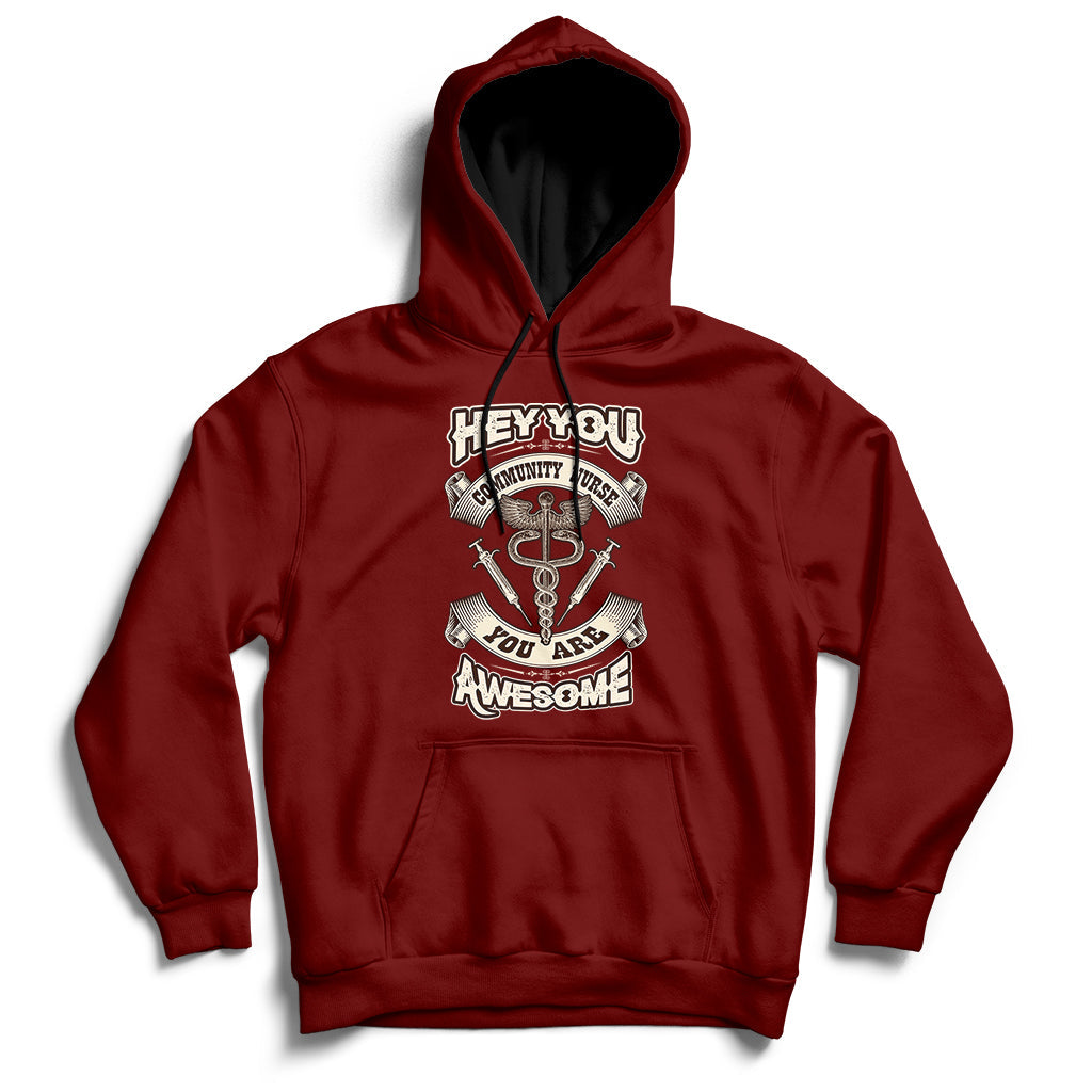 Maroon nurse-themed hoodie with front graphic, pullover hood and drawstrings