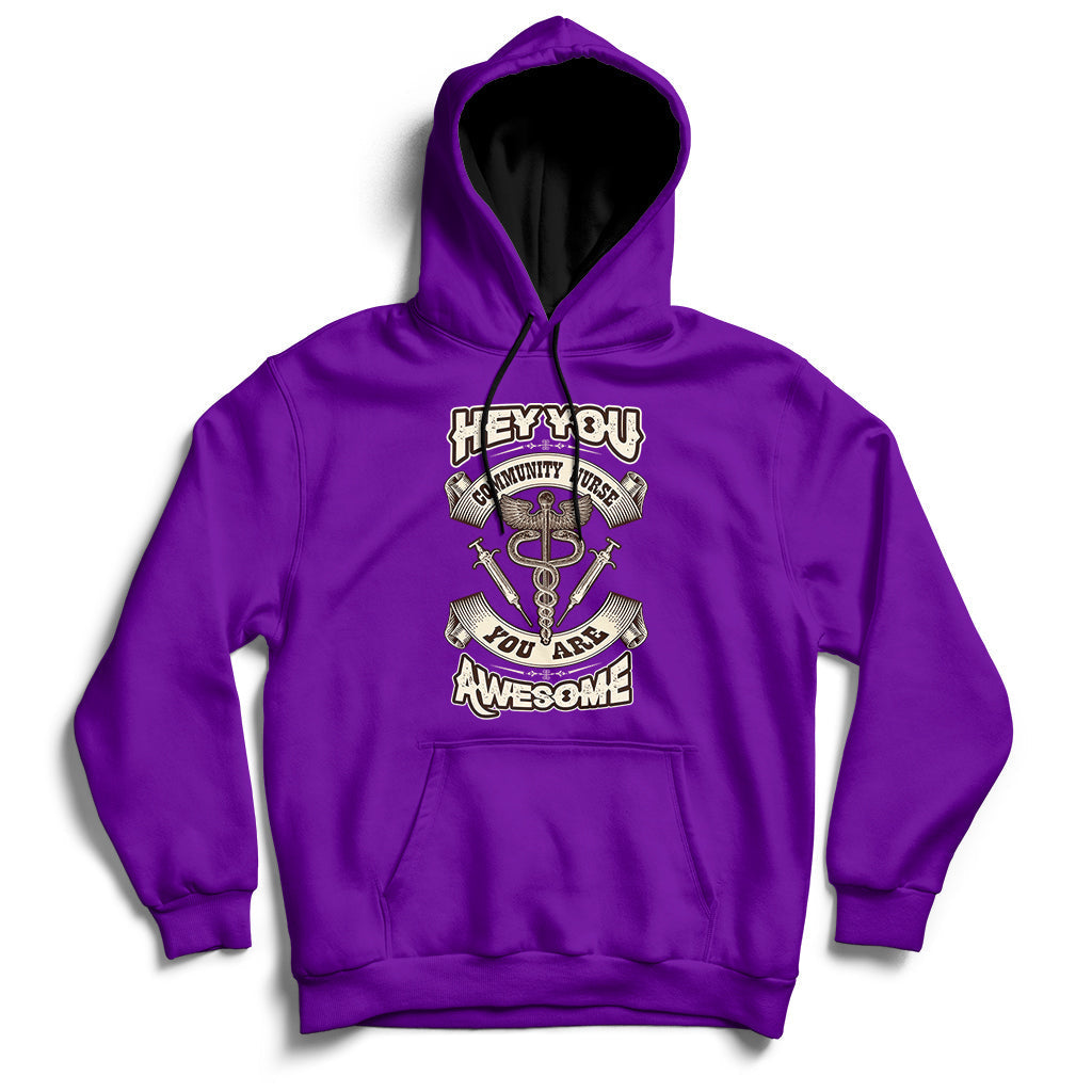 Purple nurse-themed hoodie with front graphic, pullover hood and drawstrings