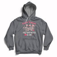 Charcoal pullover hoodie with "Happy Single Awareness Day" skeleton graphic and front pocket.