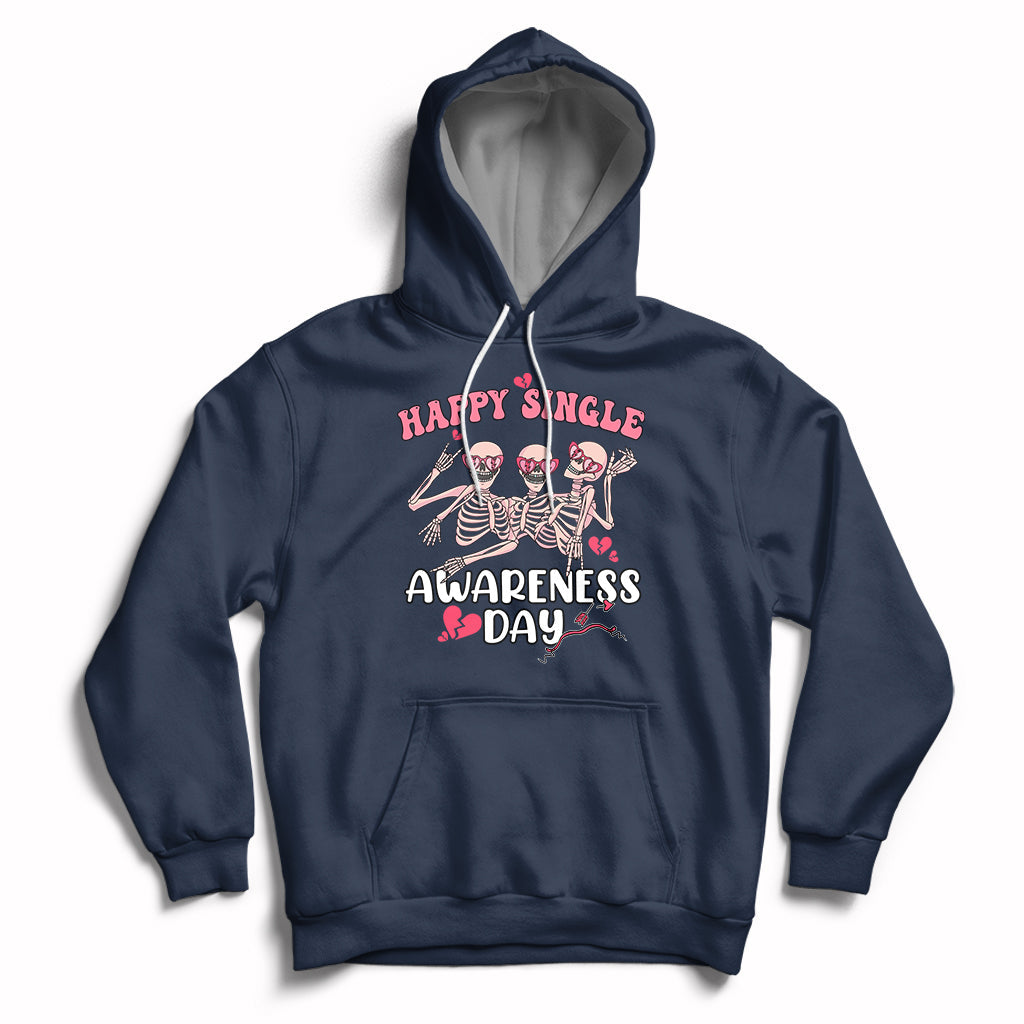 Navy pullover hoodie with "Happy Single Awareness Day" skeleton graphic and front pocket.