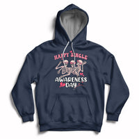 Navy pullover hoodie with "Happy Single Awareness Day" skeleton graphic and front pocket.