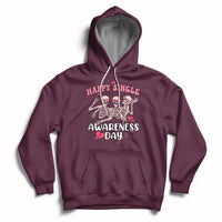 Maroon pullover hoodie with "Happy Single Awareness Day" skeleton graphic and front pocket.