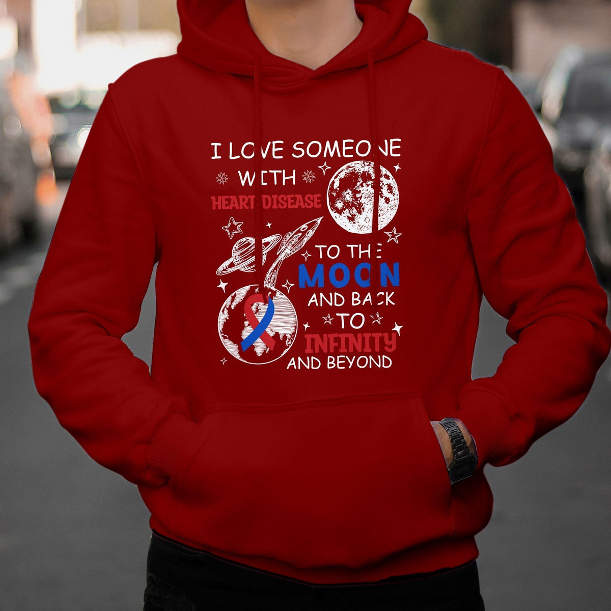 Dark red pullover hoodie with heart disease moon and infinity graphic