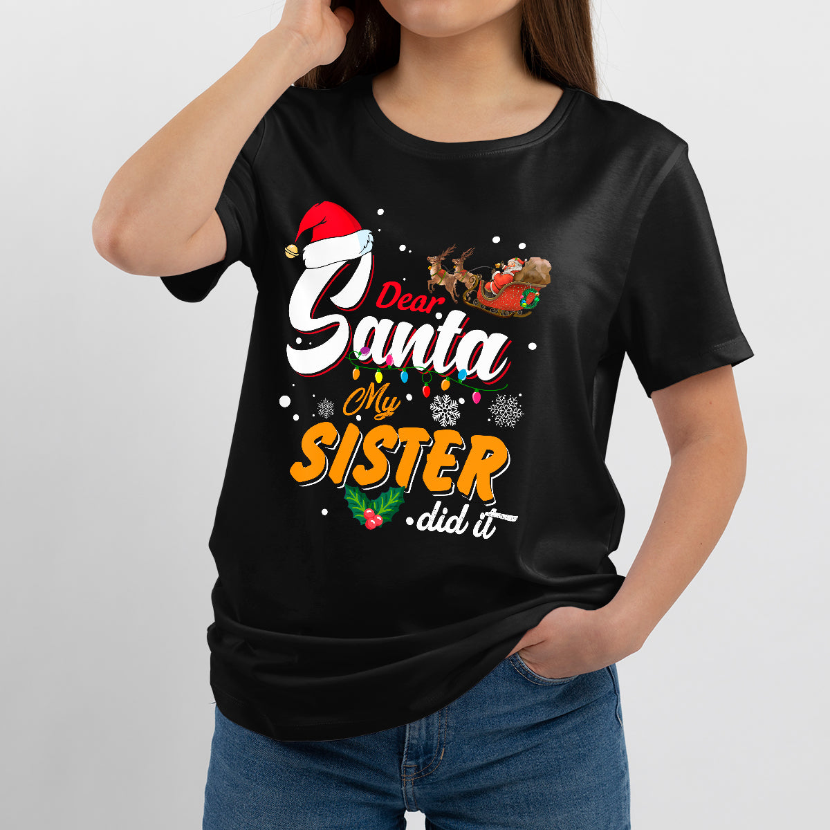 Dear Santa My Sister Did It Christmas Lights Xmas Pajamas, Christmas Santa T Shirt - Wonder Print Shop