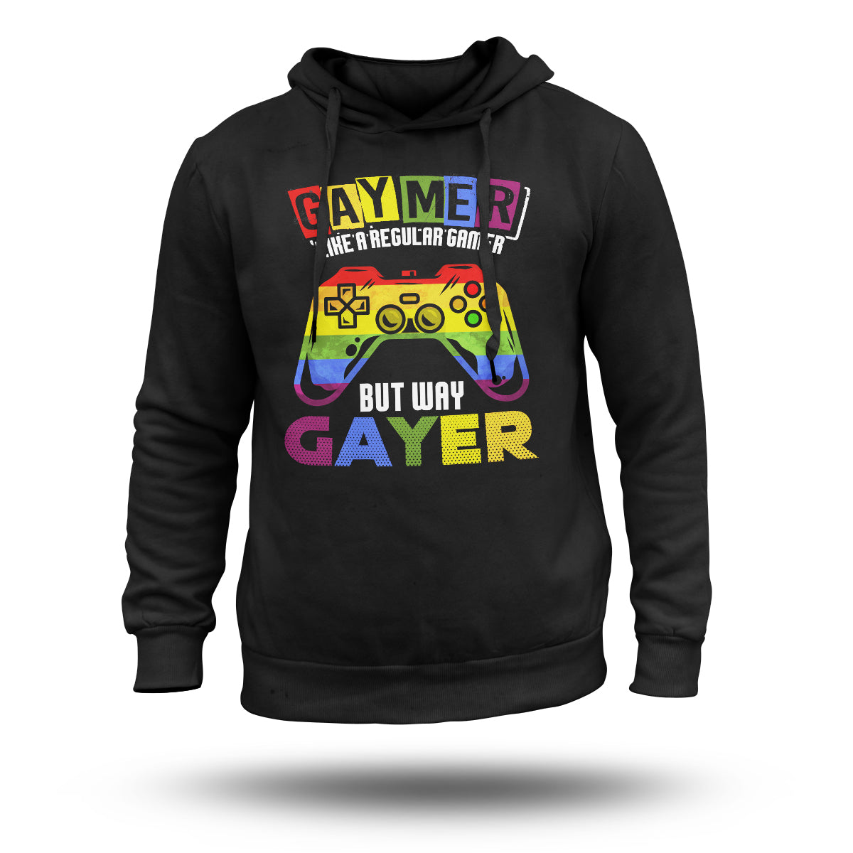 Black pullover hoodie with colorful gamer controller graphic on chest