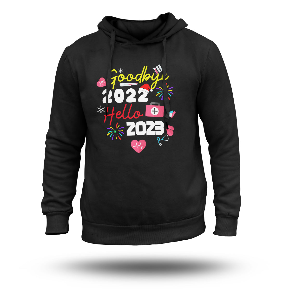 Black nurse hoodie with colorful 2022/2023 greeting graphic on chest