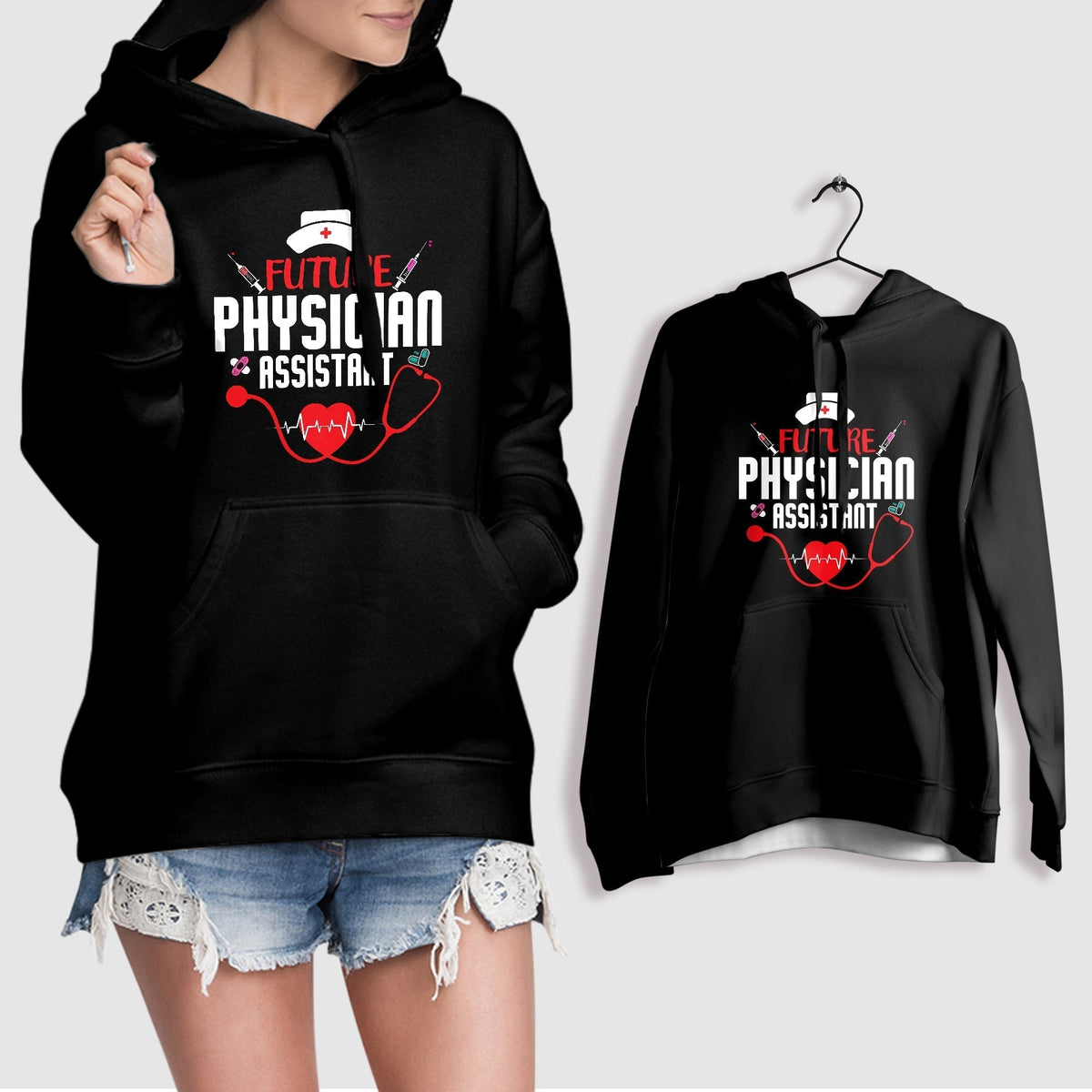 Black hoodie with stethoscope-themed chest graphic, shown on hanger and model