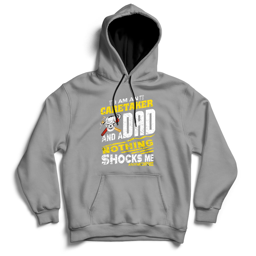 Gray hoodie with front graphic text, drawstring hood, and kangaroo pocket.