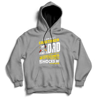 Gray hoodie with front graphic text, drawstring hood, and kangaroo pocket.