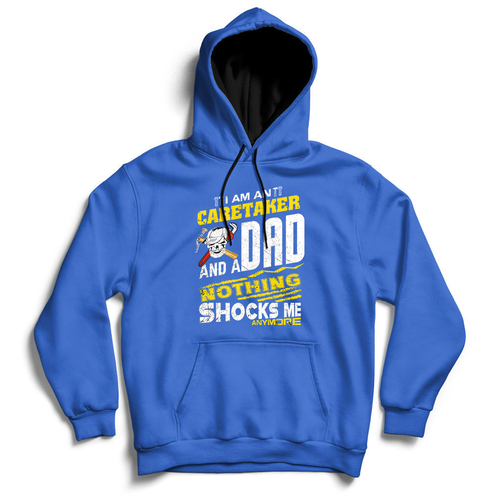 Royal blue hoodie with front graphic text, drawstring hood, and kangaroo pocket.
