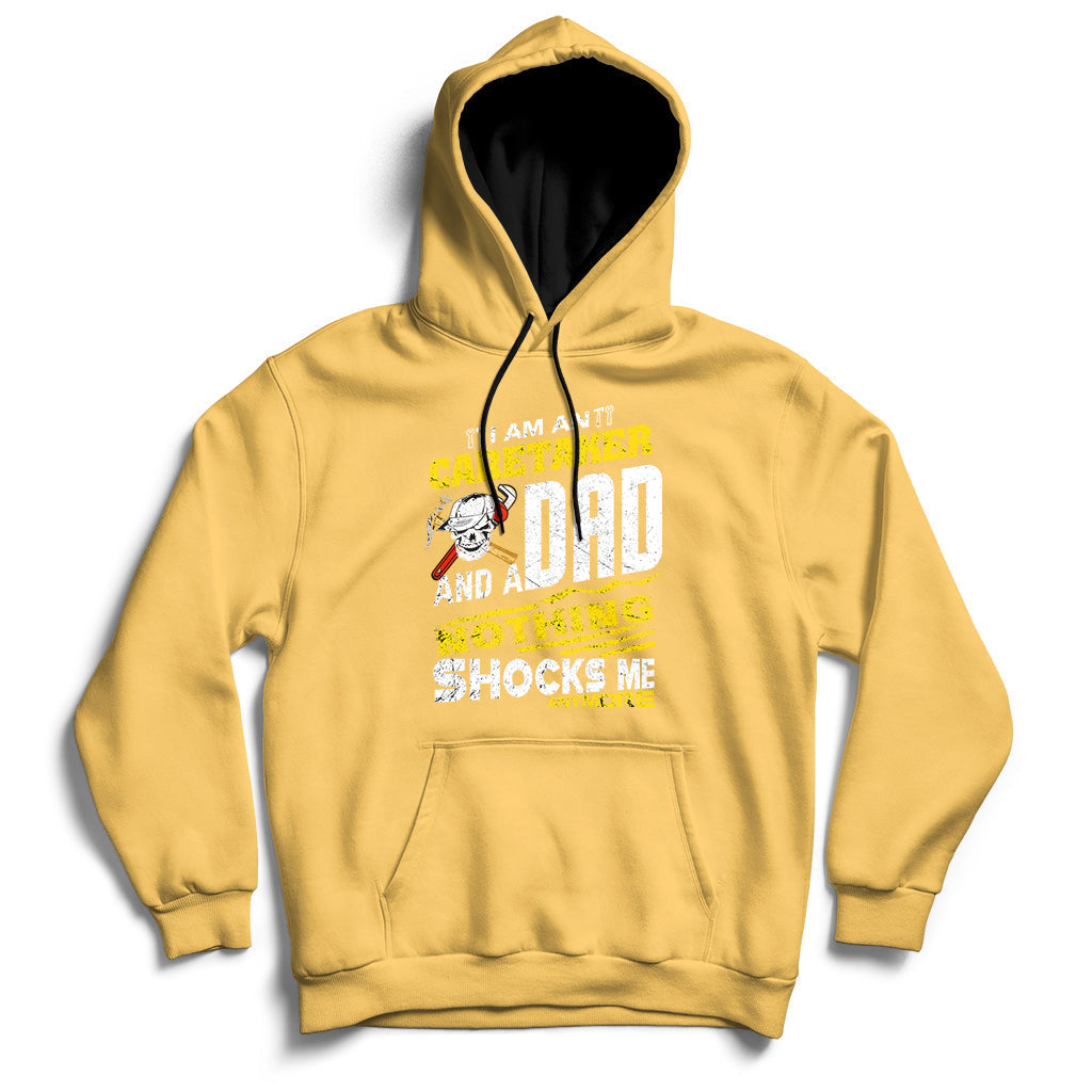 Yellow hoodie with front graphic text, drawstring hood, and kangaroo pocket.