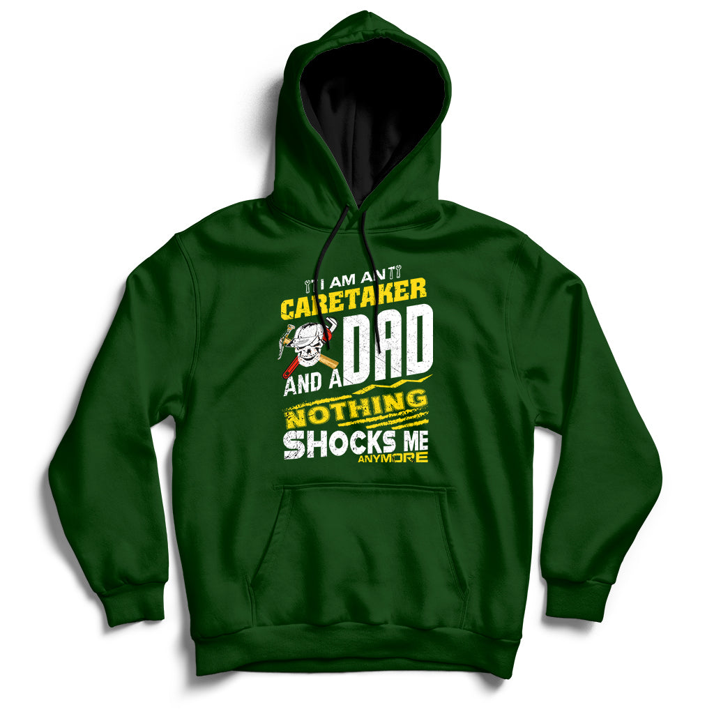 Forest green hoodie with front graphic text, drawstring hood, and kangaroo pocket.