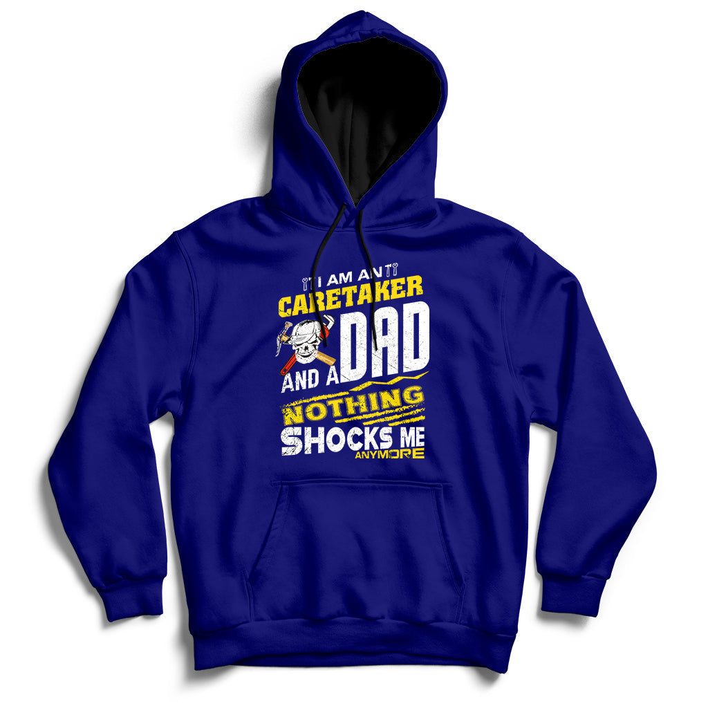 Navy hoodie with front graphic text, drawstring hood, and kangaroo pocket.