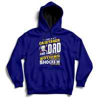 Navy hoodie with front graphic text, drawstring hood, and kangaroo pocket.