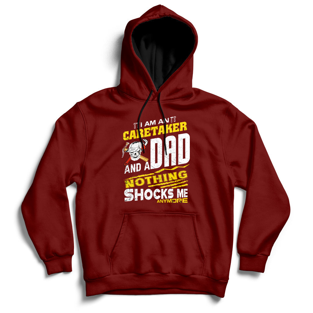 Maroon hoodie with front graphic text, drawstring hood, and kangaroo pocket.